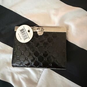 Black Quilted Patent Coin Purse with Silver Frame